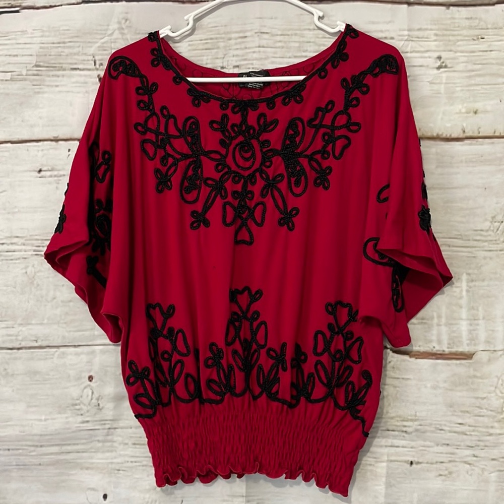 Objects Dart Red Blouse Flutter Sleeves Band Waist Size Medium